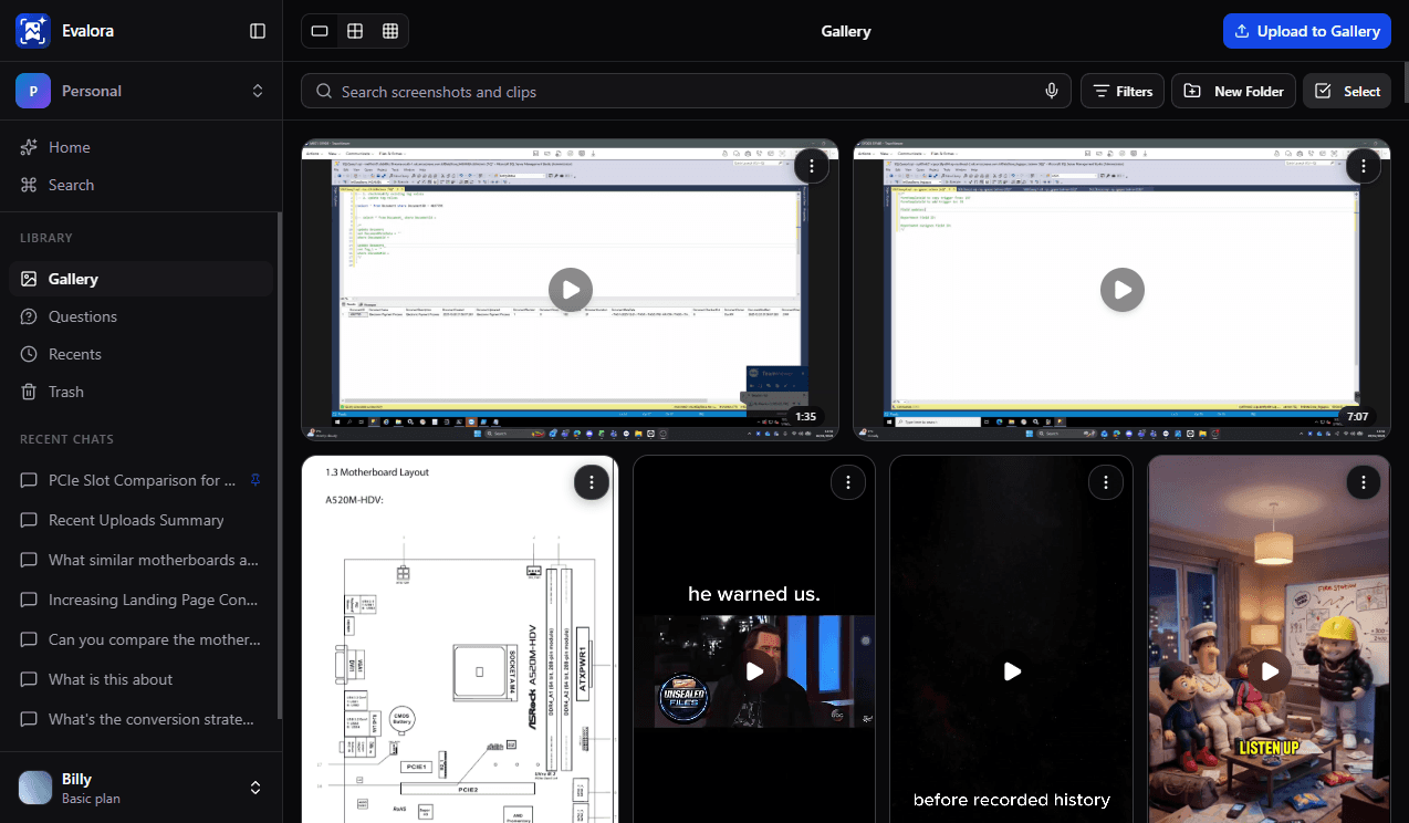 Evalora gallery with folders, AI-tagged screenshots, and the built-in AI assistant
