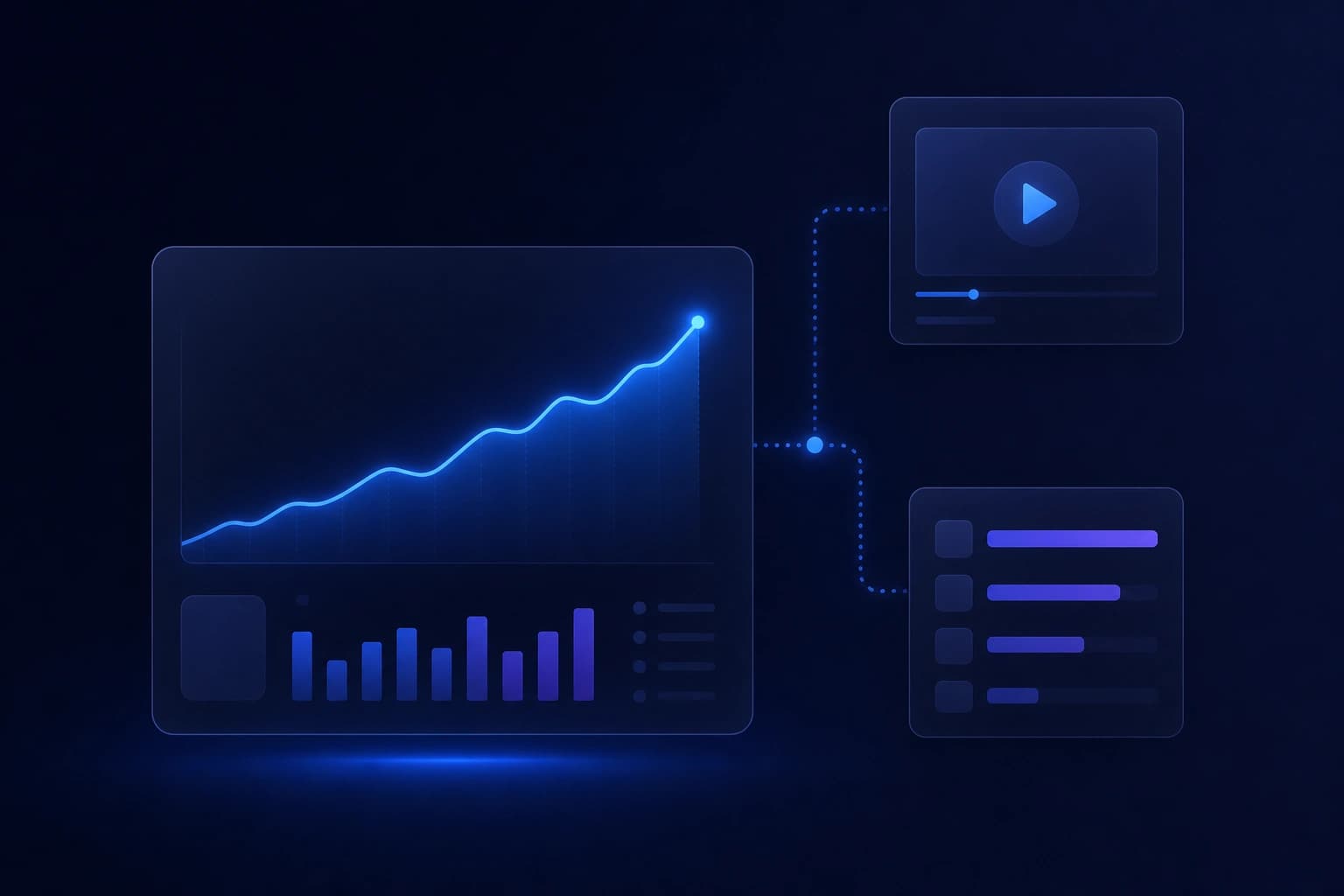 Illustration of a metrics dashboard linked to demo clips and reports