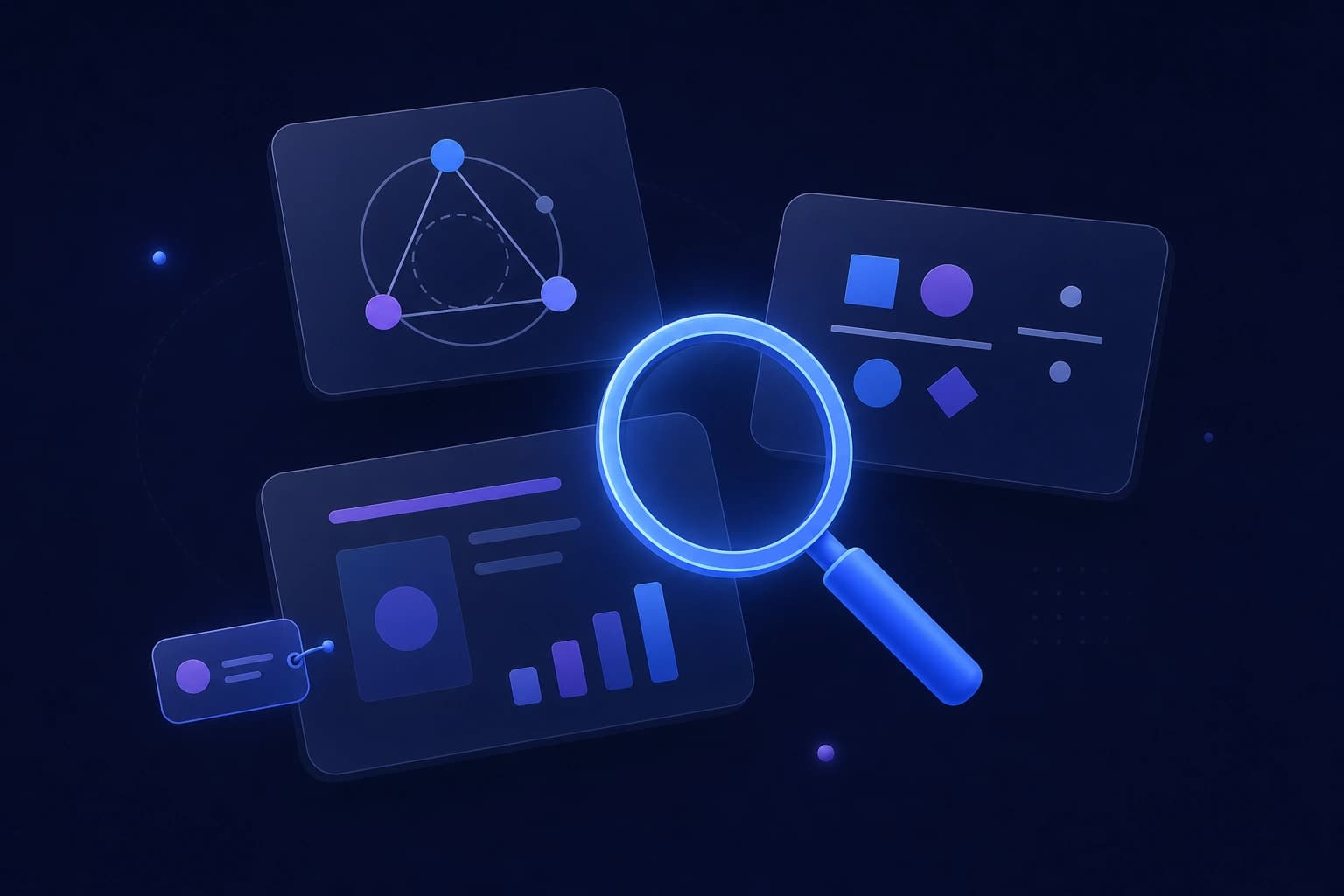 Illustration of captured diagrams and formulas under a magnifying glass